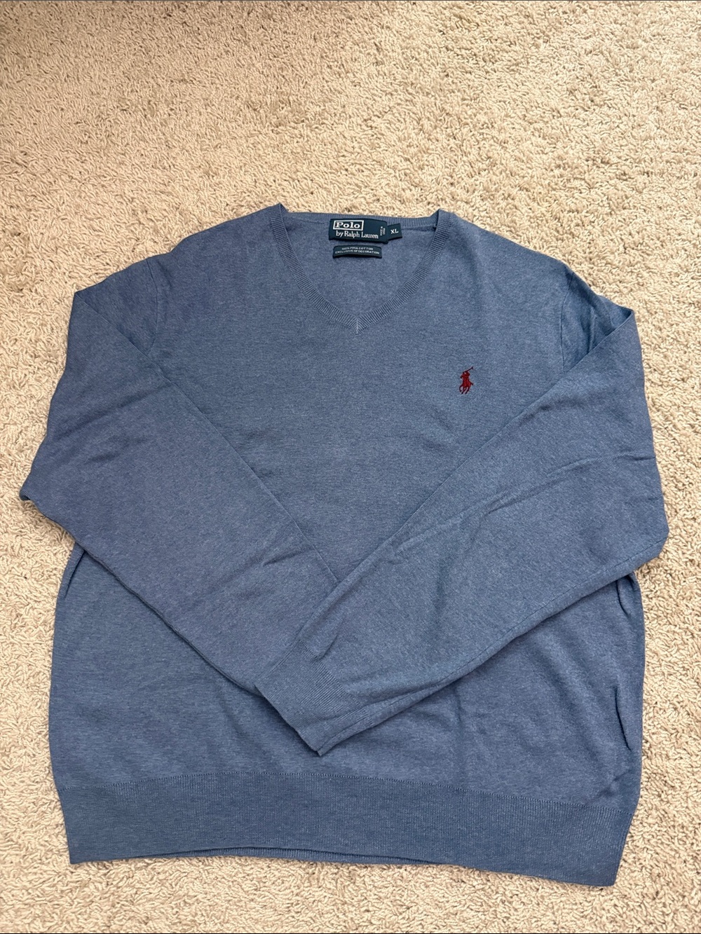 Polo by Ralph Lauren Men's Slate Blue V-Neck Sweater with Red Pony